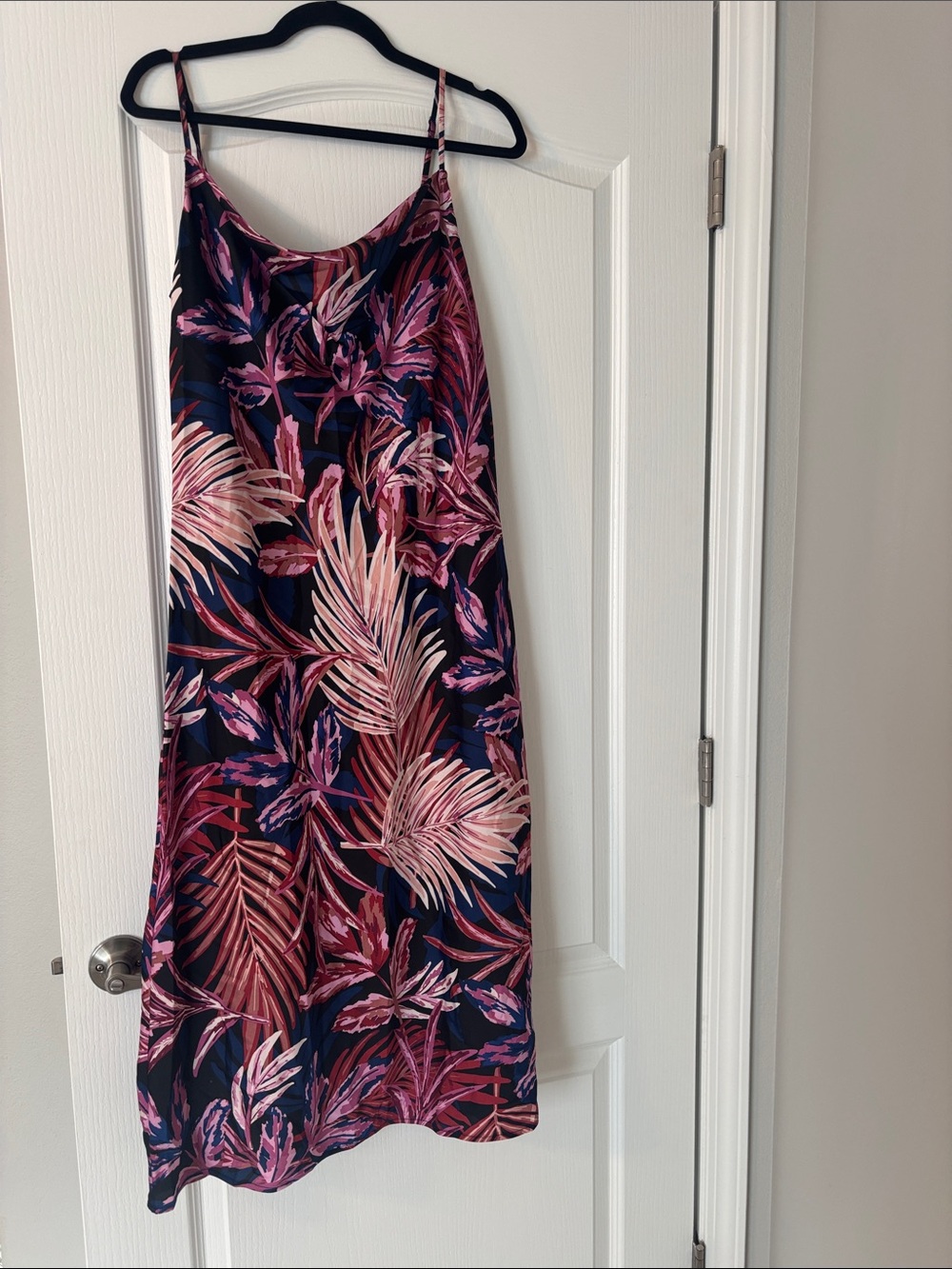Navy Midi Slip Dress with Cowl Neck and Pink & Purple Tropical Leaves